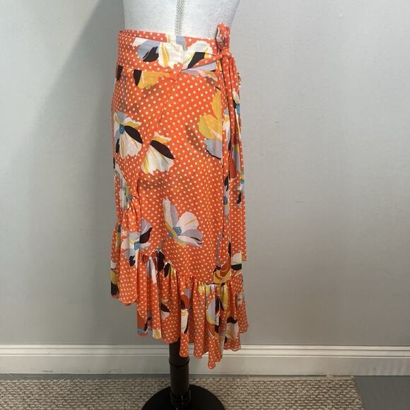 CABI Skirt size Extra Small Orange Yellow Floral Knee Wrap Ruffle Wedding Cruise - Picture 6 of 9